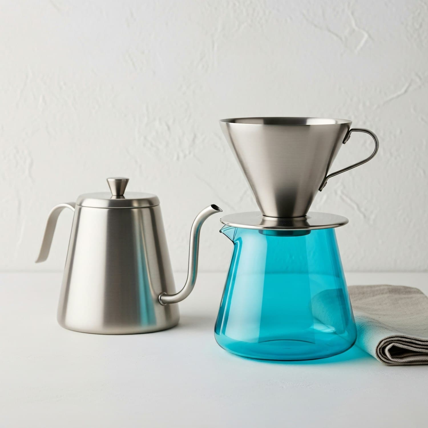 Stainless steel gooseneck kettle beside a steel pour-over dripper resting on a blue glass carafe