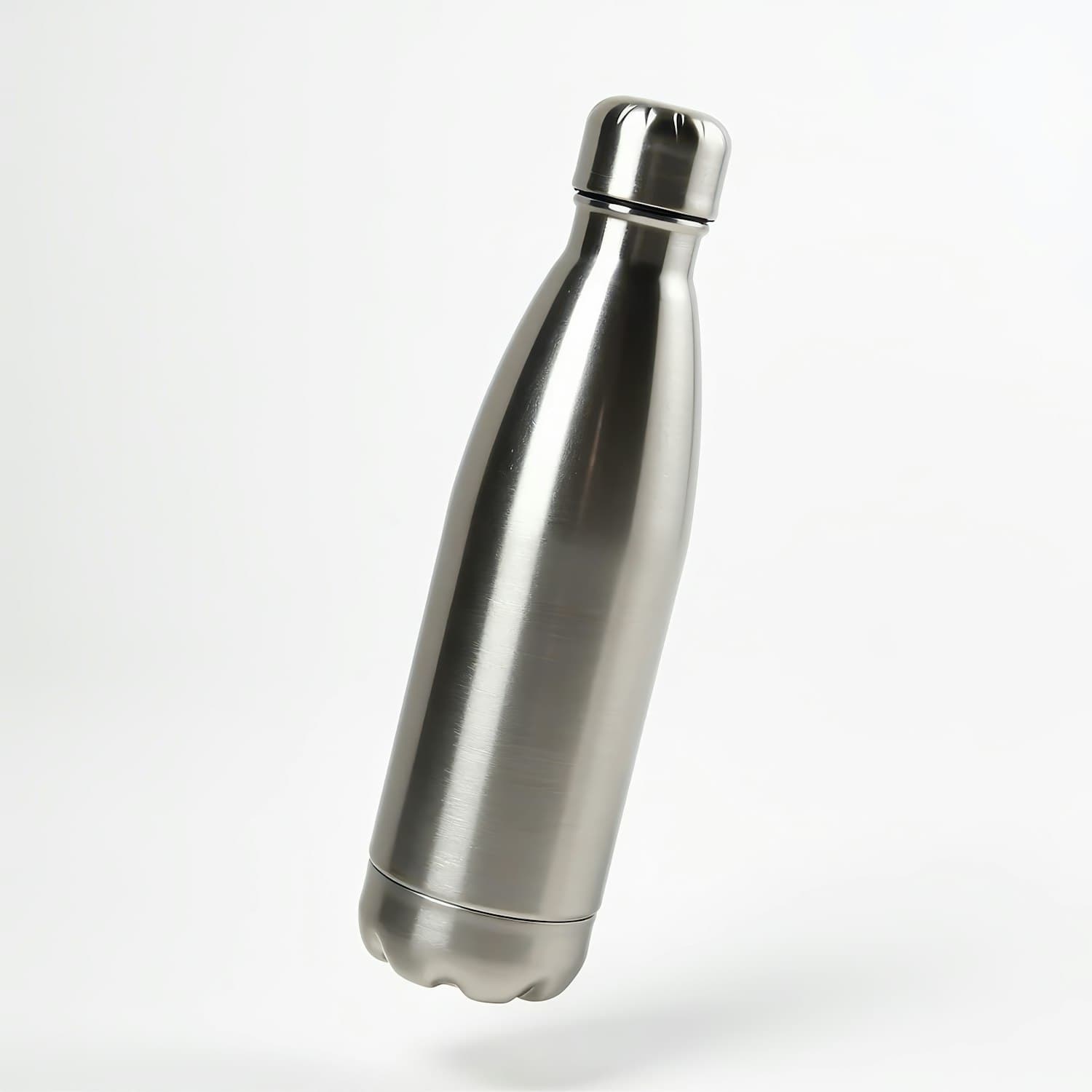 Brushed stainless steel insulated water bottle with a screw-on cap on a white background